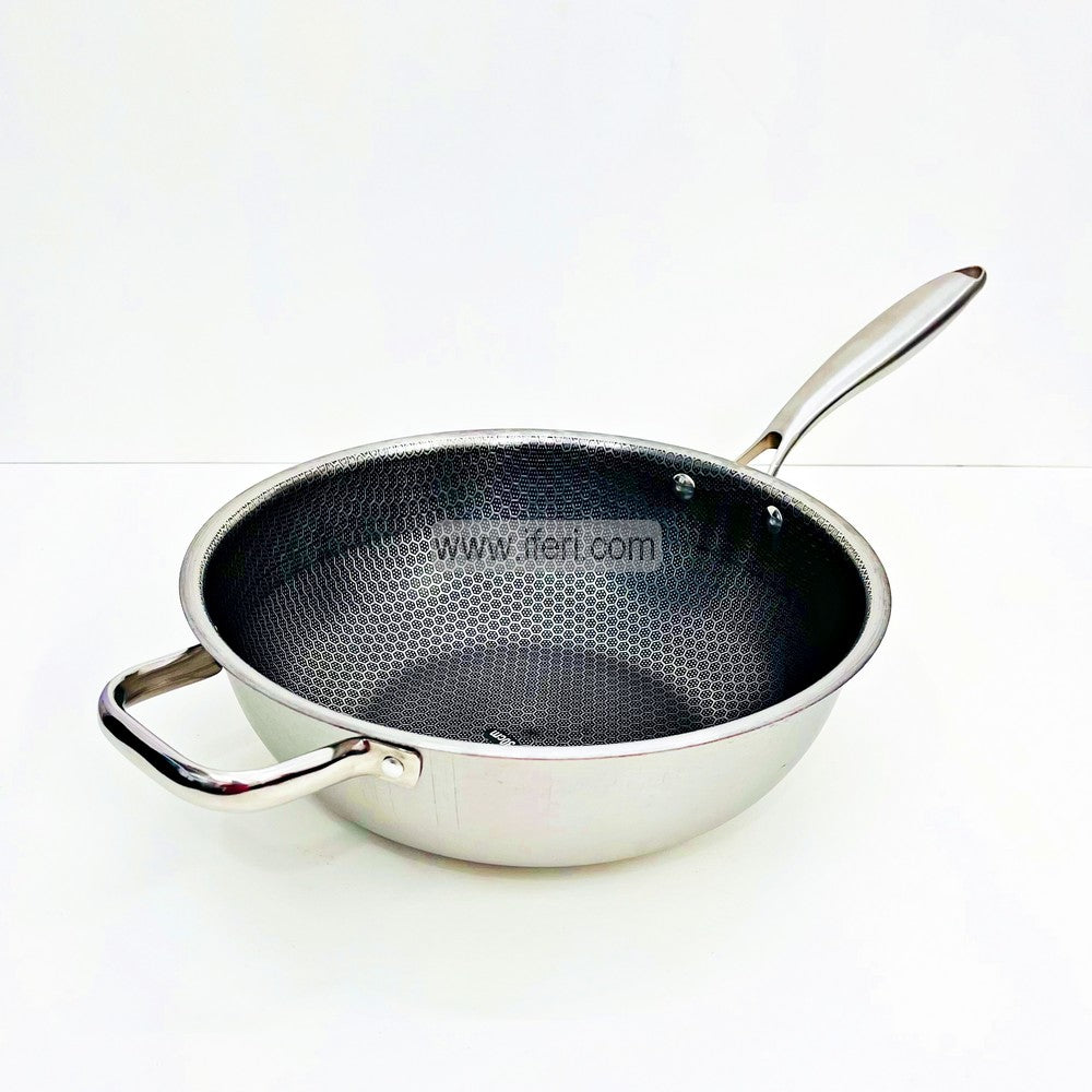 34cm Uncoated Honeycomb Design Stainless Steel Non-Stick Wok Frying Pan EB21382