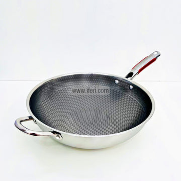 34cm Uncoated Honeycomb Design Stainless Steel Non-Stick Wok Frying Pan LB6413