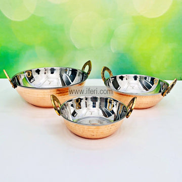 3 Pcs Pure Copper Stainless Steel Hammered Serving Bowl / Kadai ALM6442