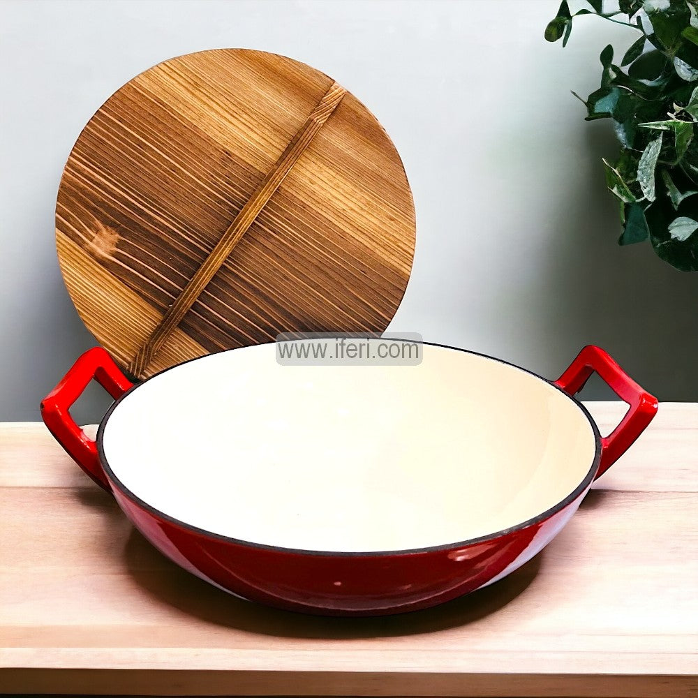 36cm Premium Quality Cast Iron Karai / Cookware with Wooden Lid ALM6462