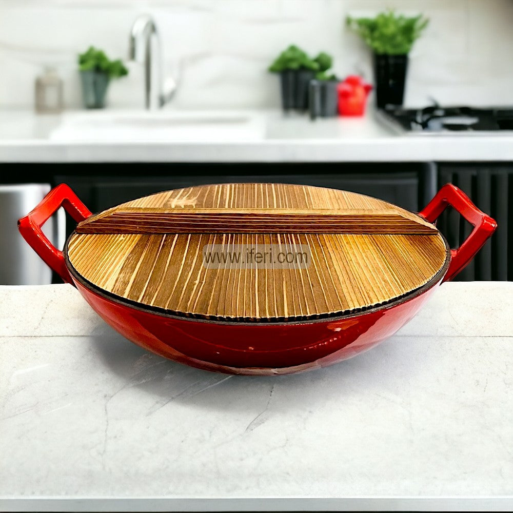 36cm Premium Quality Cast Iron Karai / Cookware with Wooden Lid ALM6462