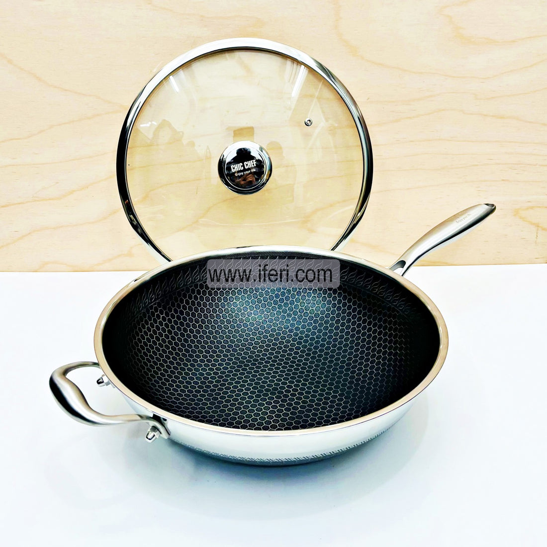 32 cm Stainless Steel Non-Stick Honeycomb Wok Pan With Glass Lid RY4683