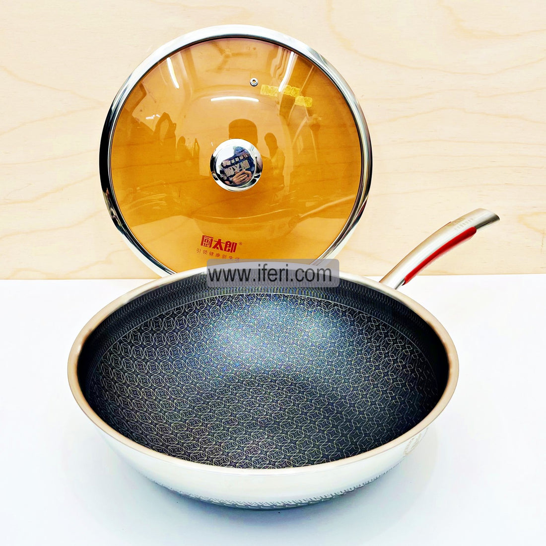 32 cm High Quality Stainless Steel Non-Stick Honeycomb Wok Pan With Glass Lid RY4686