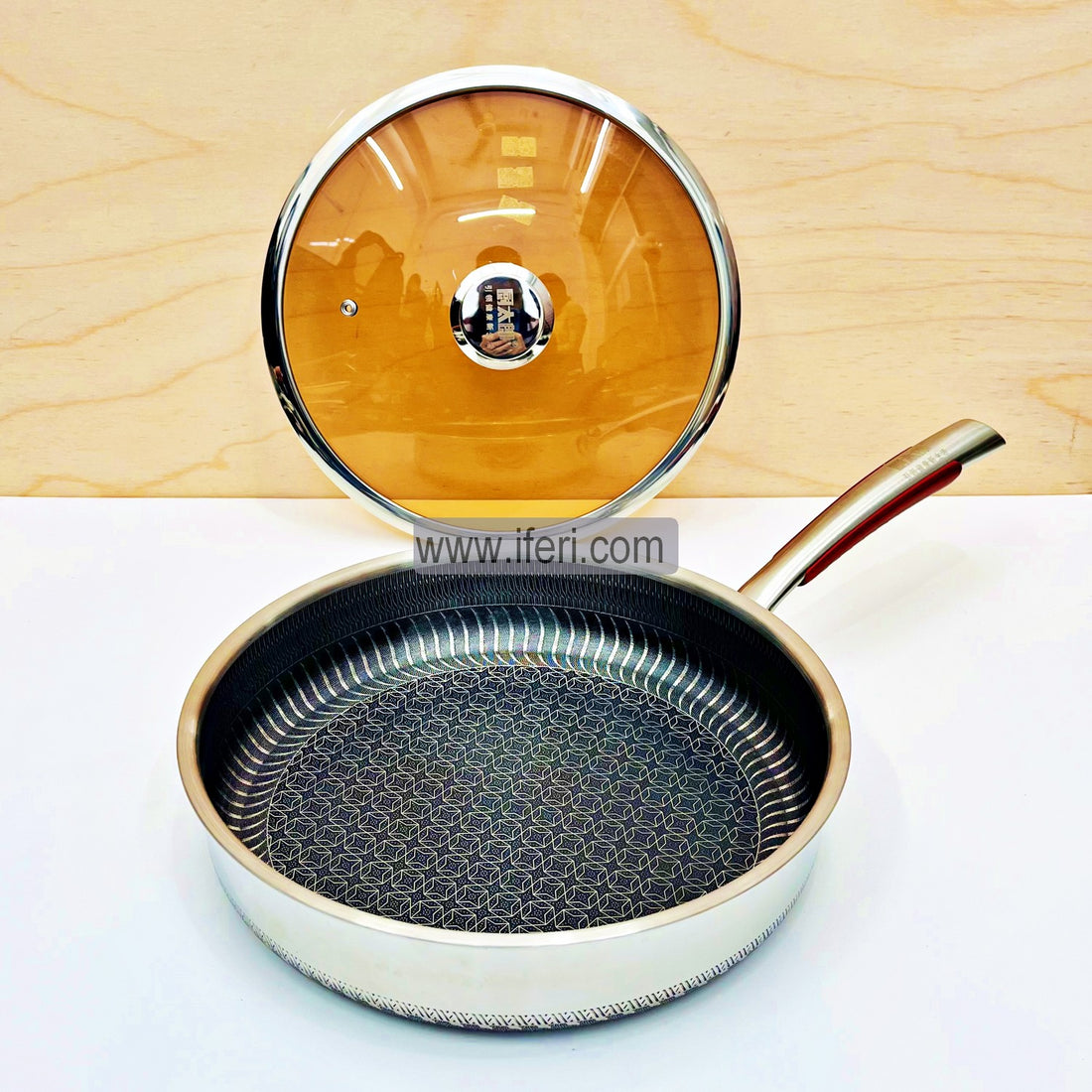 28 cm High Quality Stainless Steel Non-Stick Honeycomb Wok Pan With Glass Lid RY4689