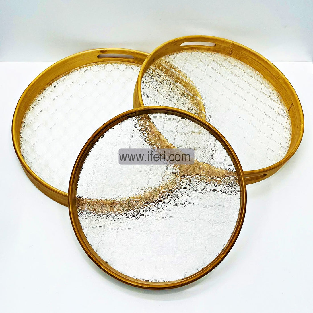 3 Pcs Exclusive Round Bamboo & Acrylic Serving Tray TG4971