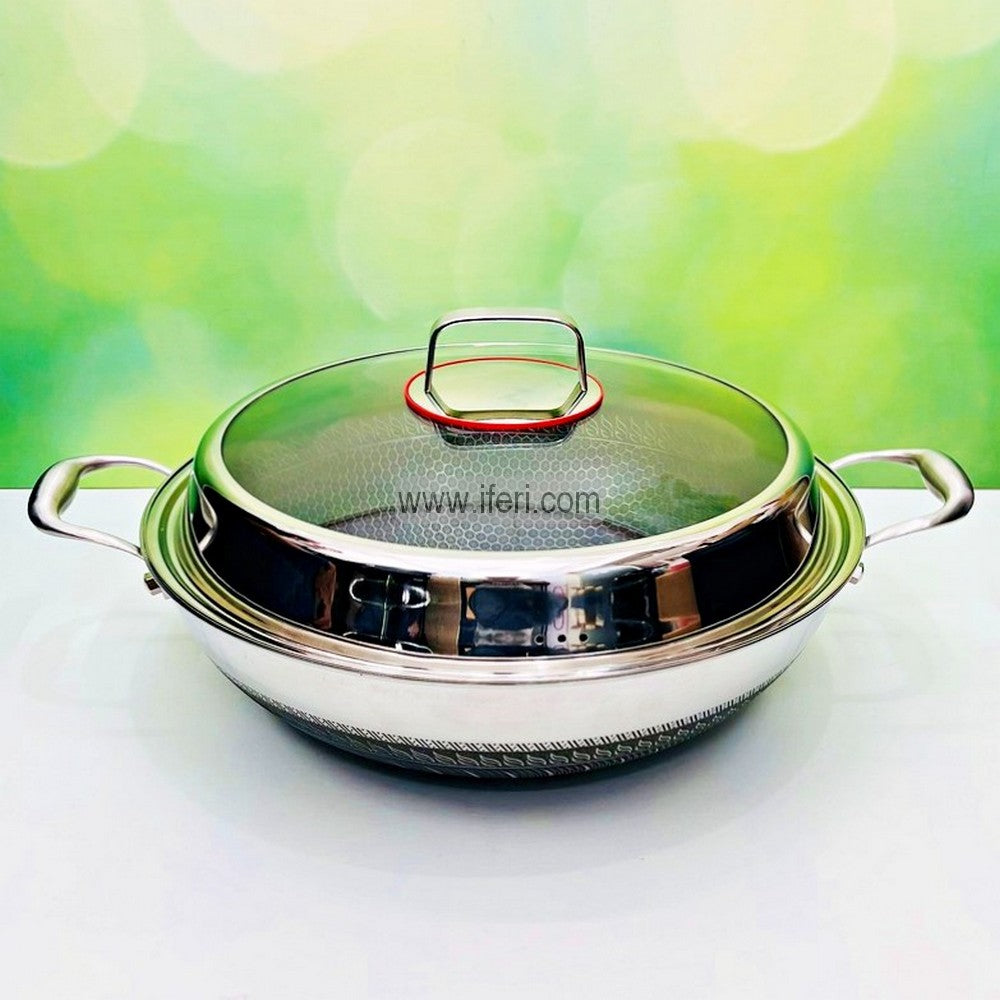 34cm Uncoated Honeycomb Design Stainless Steel Non-Stick Cookware / Karai with Lid RY2738