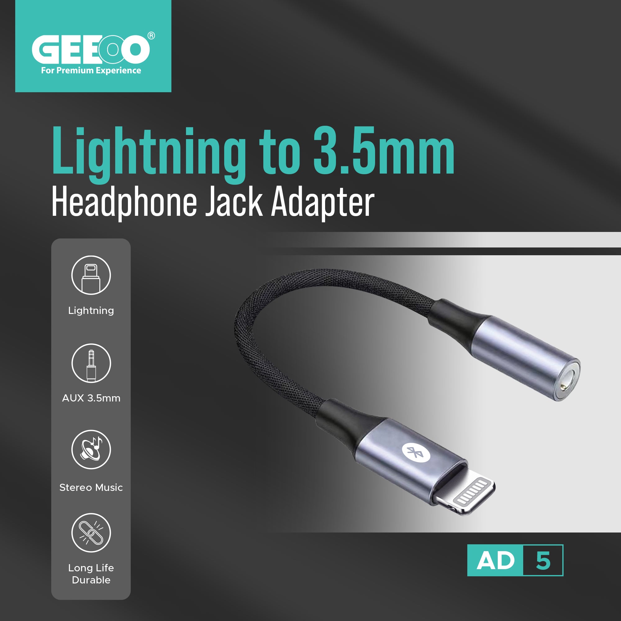 Geeoo Lightning to 3.5mm Headphone Jack Adapter (Bluetooth Supported) AD5 GT1024