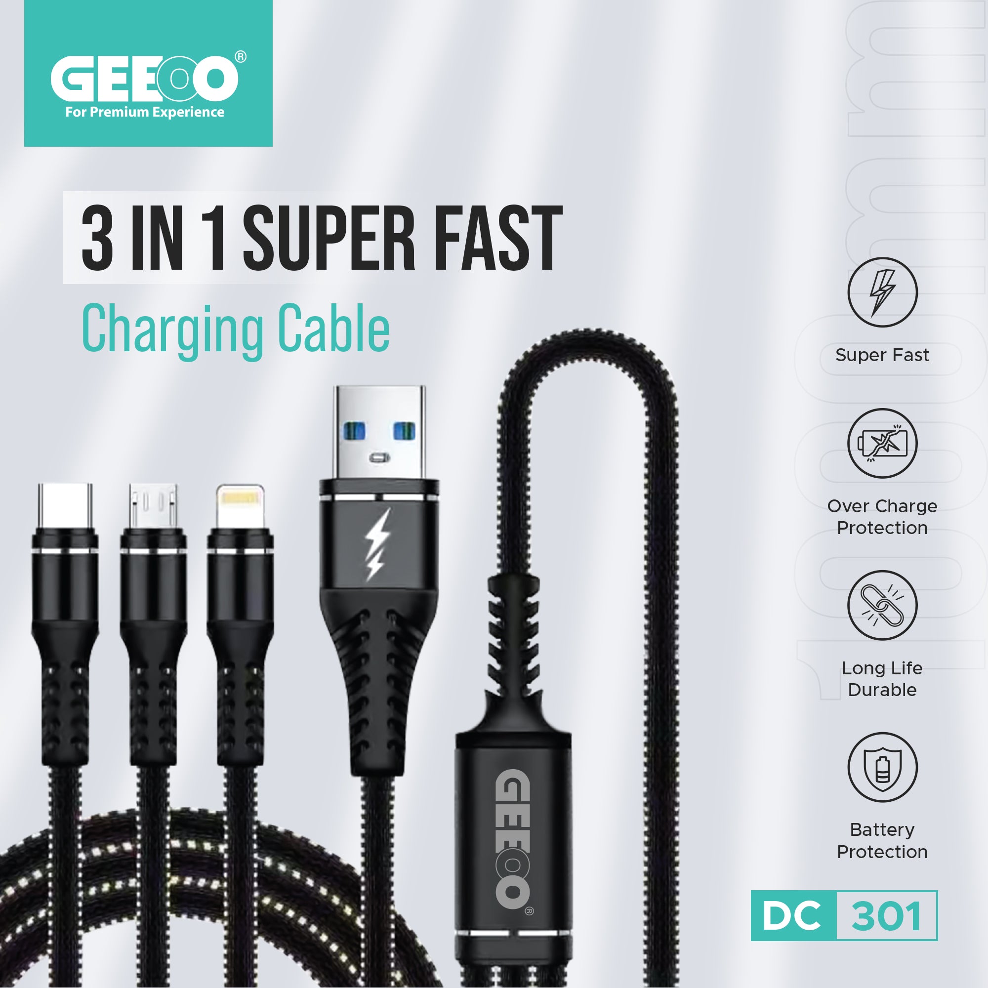 Geeoo 3 in 1 Super Fast Charging Cable 1M Long 5A Safe Charge DC301 GT1001