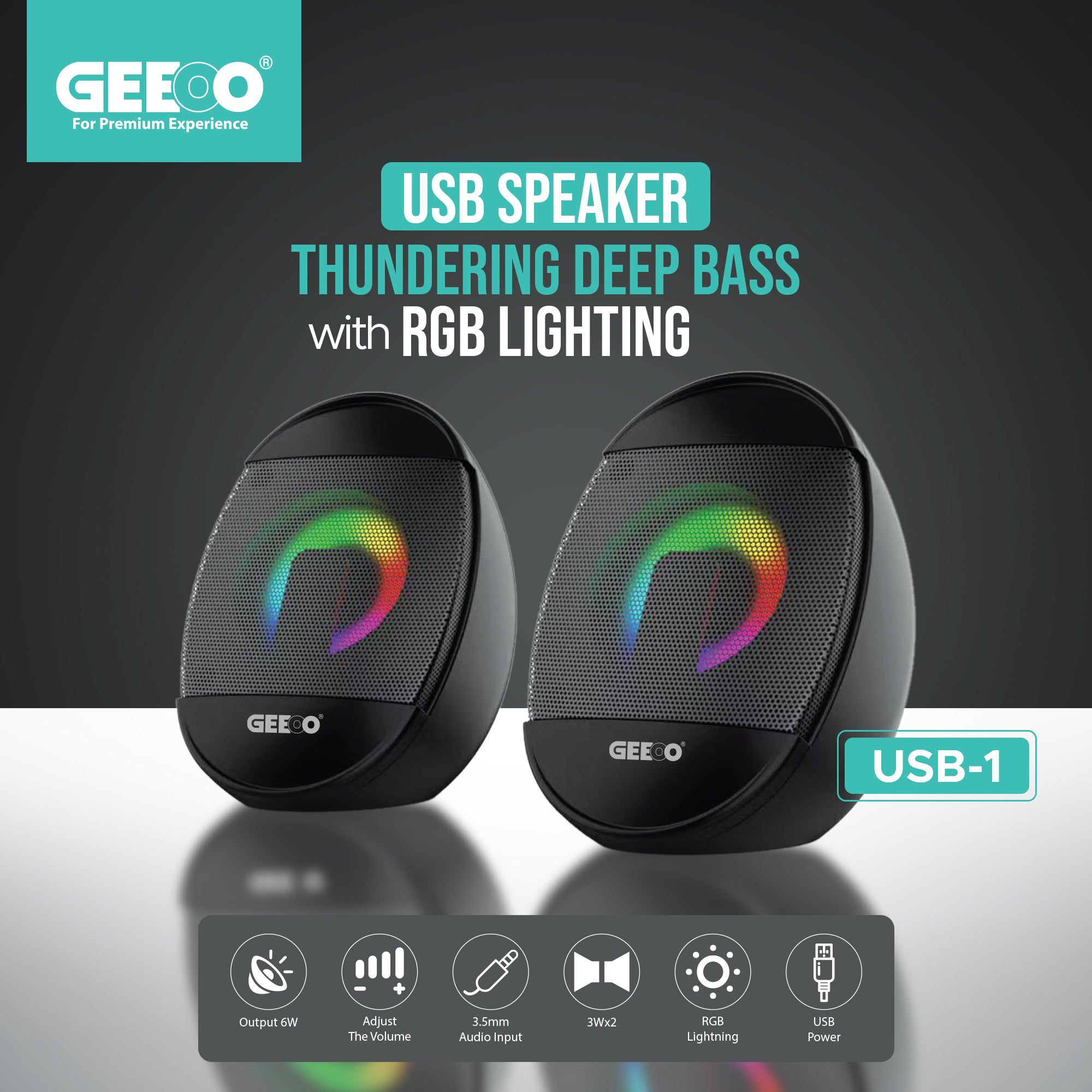 Geeoo USB Speaker Thundering Deep Bass With RGB Lighting USB1 GT3007