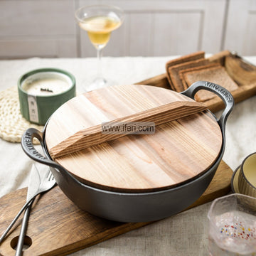 30cm Premium Quality Cast Iron Cookware / Karai with Wooden Lid ALM6466