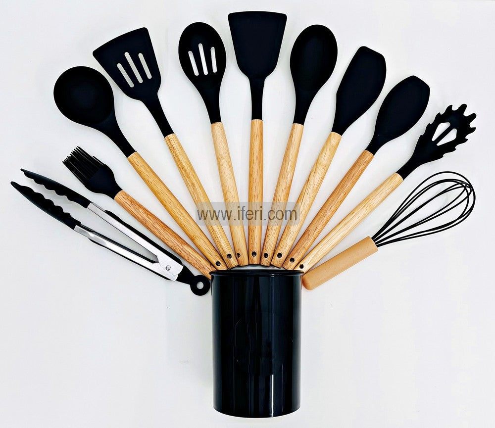 11 Pcs Wooden Handle Silicone Cooking Spoon Set with Holder LB6414