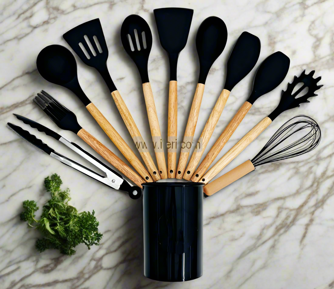 11 Pcs Wooden Handle Silicone Cooking Spoon Set with Holder LB6414